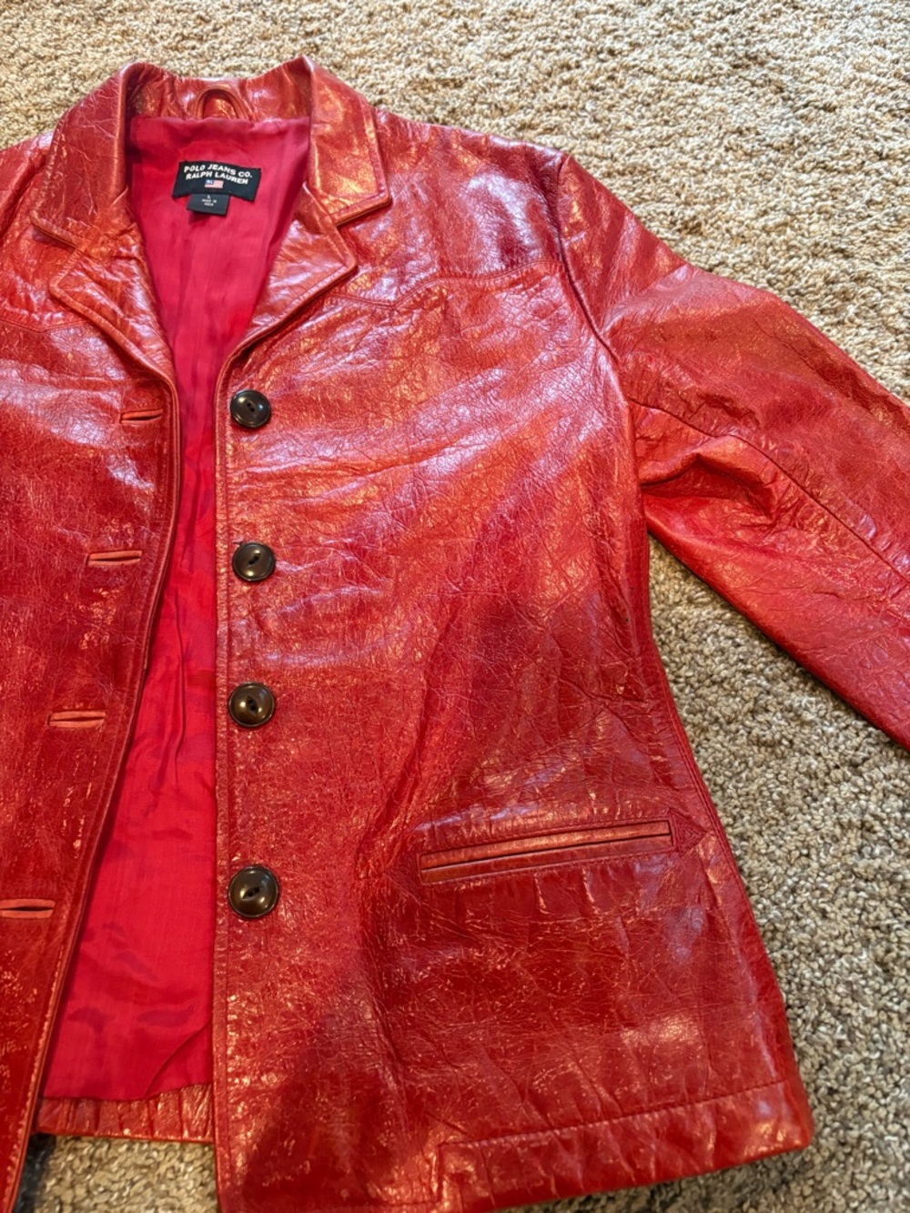 Red Leather Button-Front Jacket by Polo Ralph Lauren VINTAGE!!